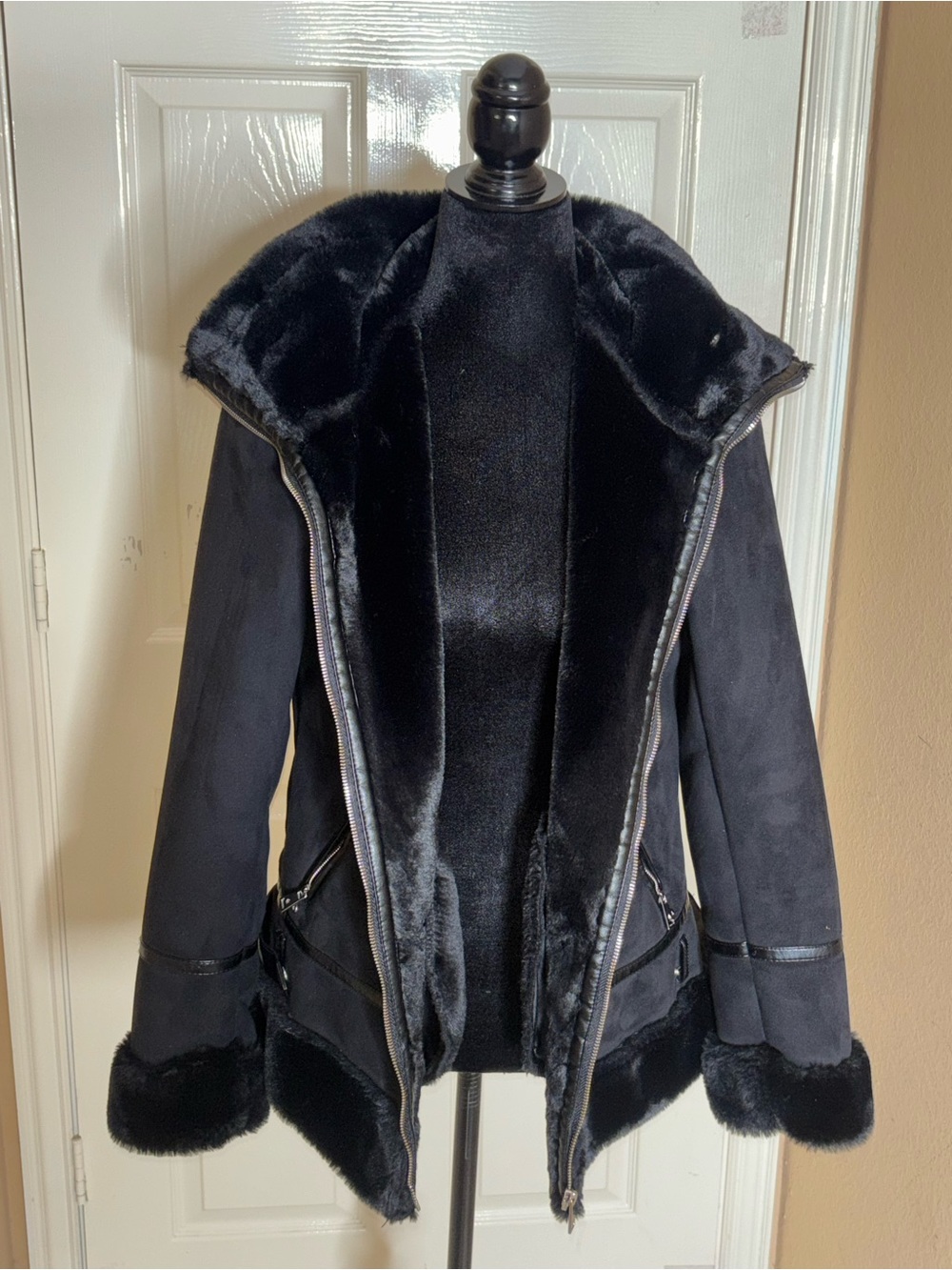 Lauren Ralph Lauren Faux Fur Lined Zip Collared Biker Jacket Black Women Small